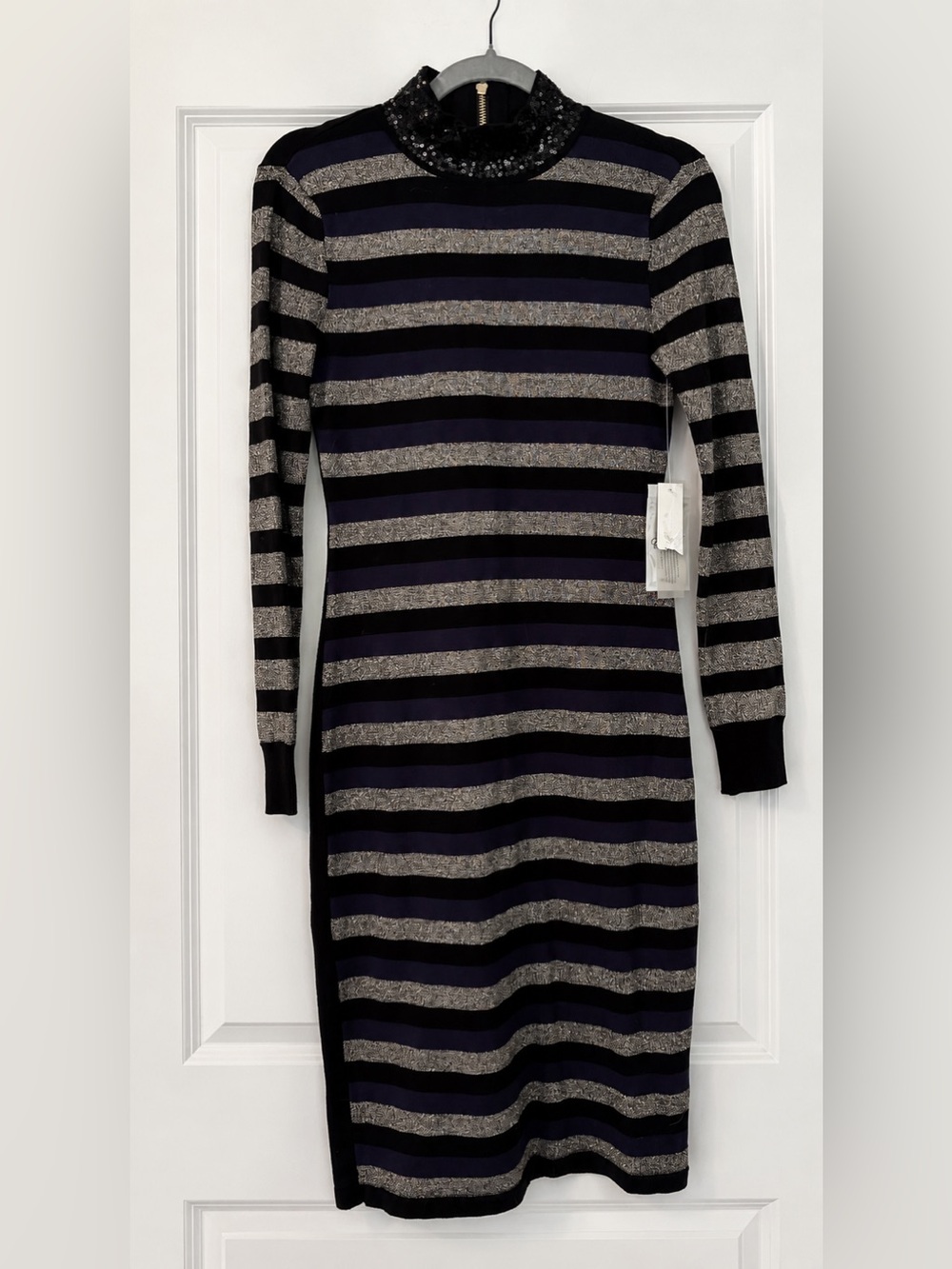 NWT Eliza J Women's Dress Small Multicolored Striped Fitted Stretch Sequins